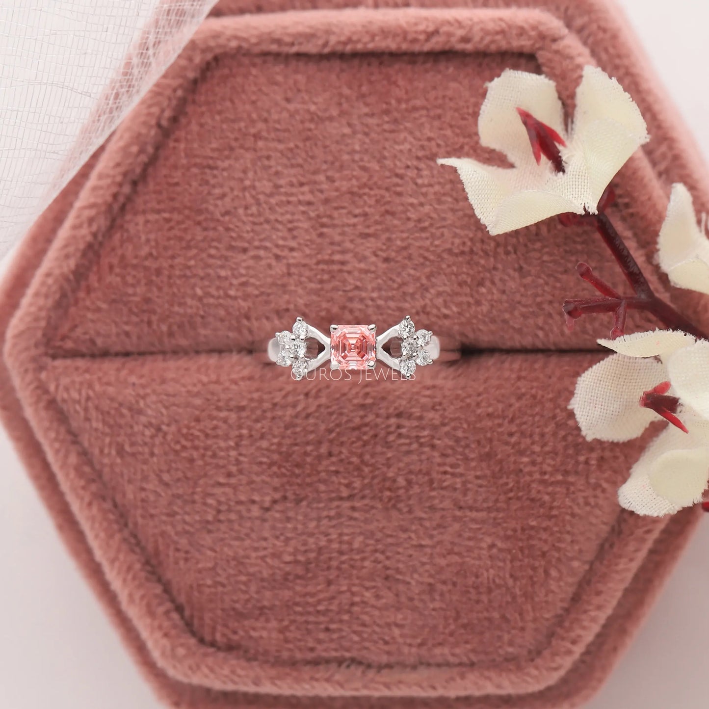 Pink Asscher Cut Cluster Diamond Ring