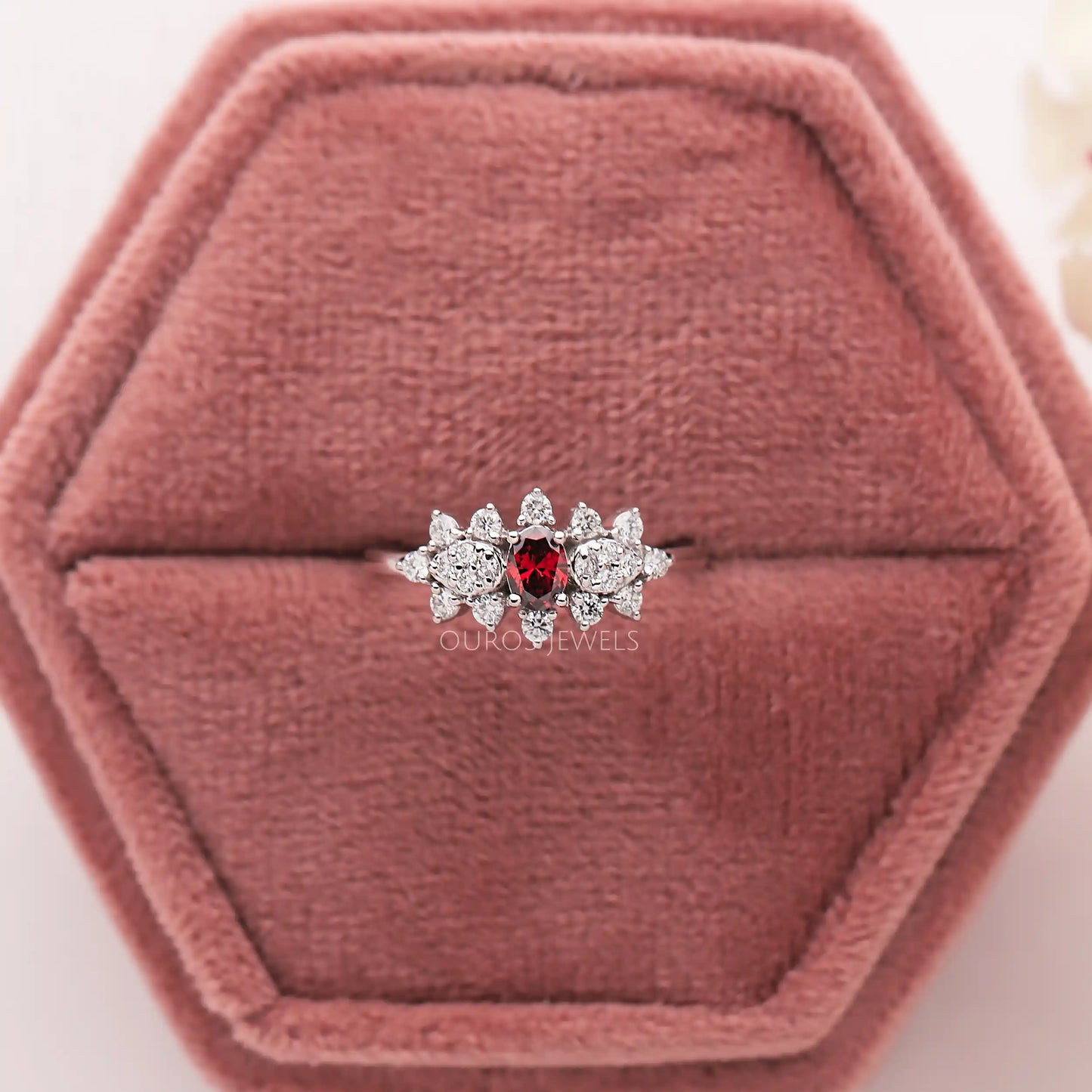 Red Oval Diamond Floral Ring
