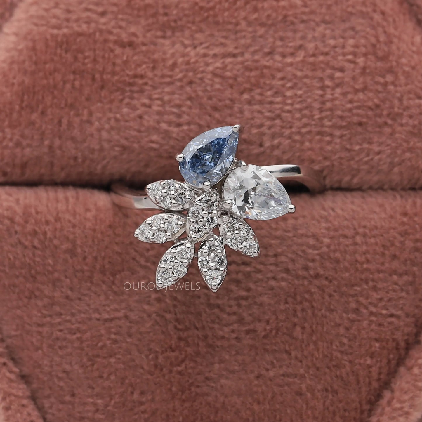 Blue Pear And Round Cluster Engagement Ring