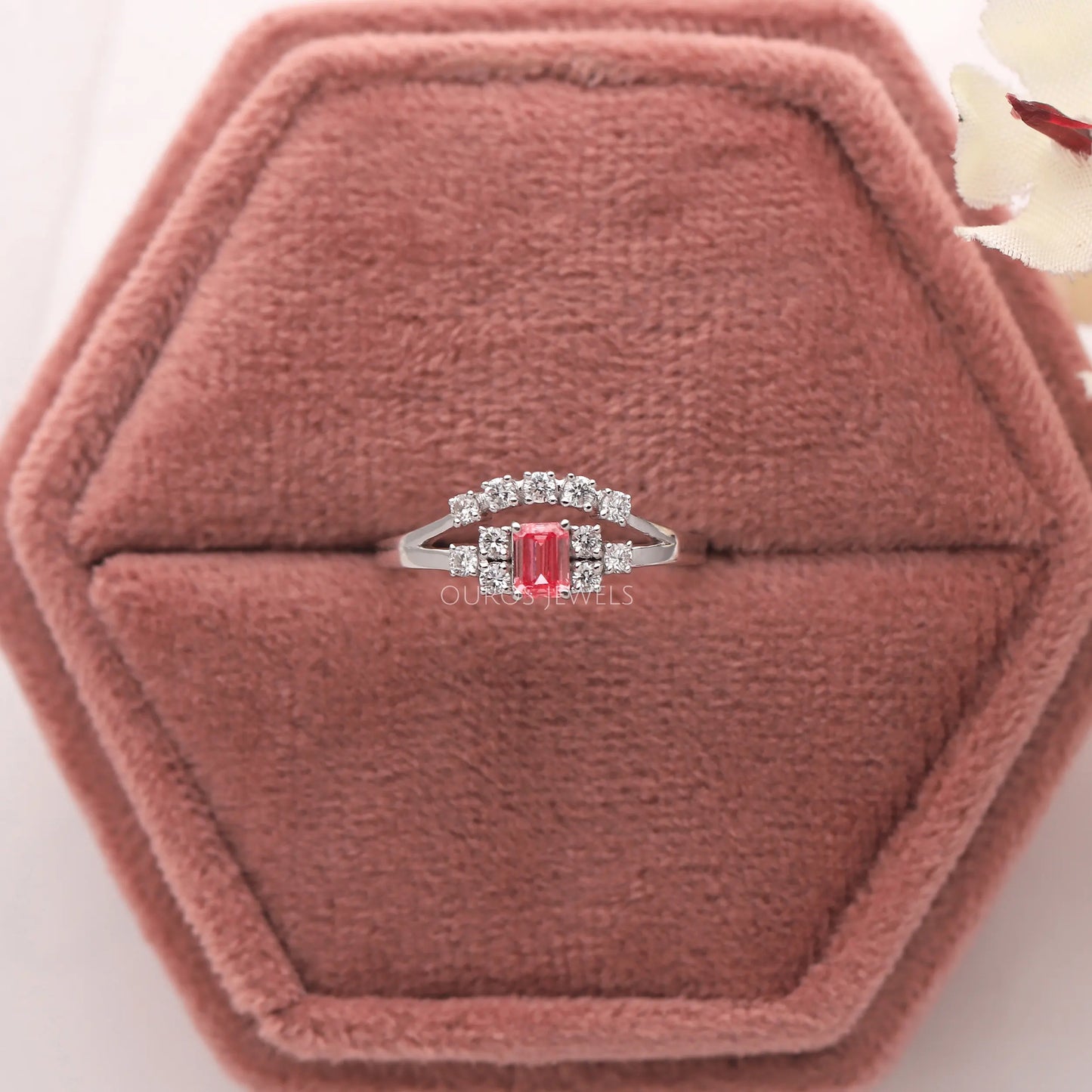 Pink Color Emerald Cut Cluster Ring