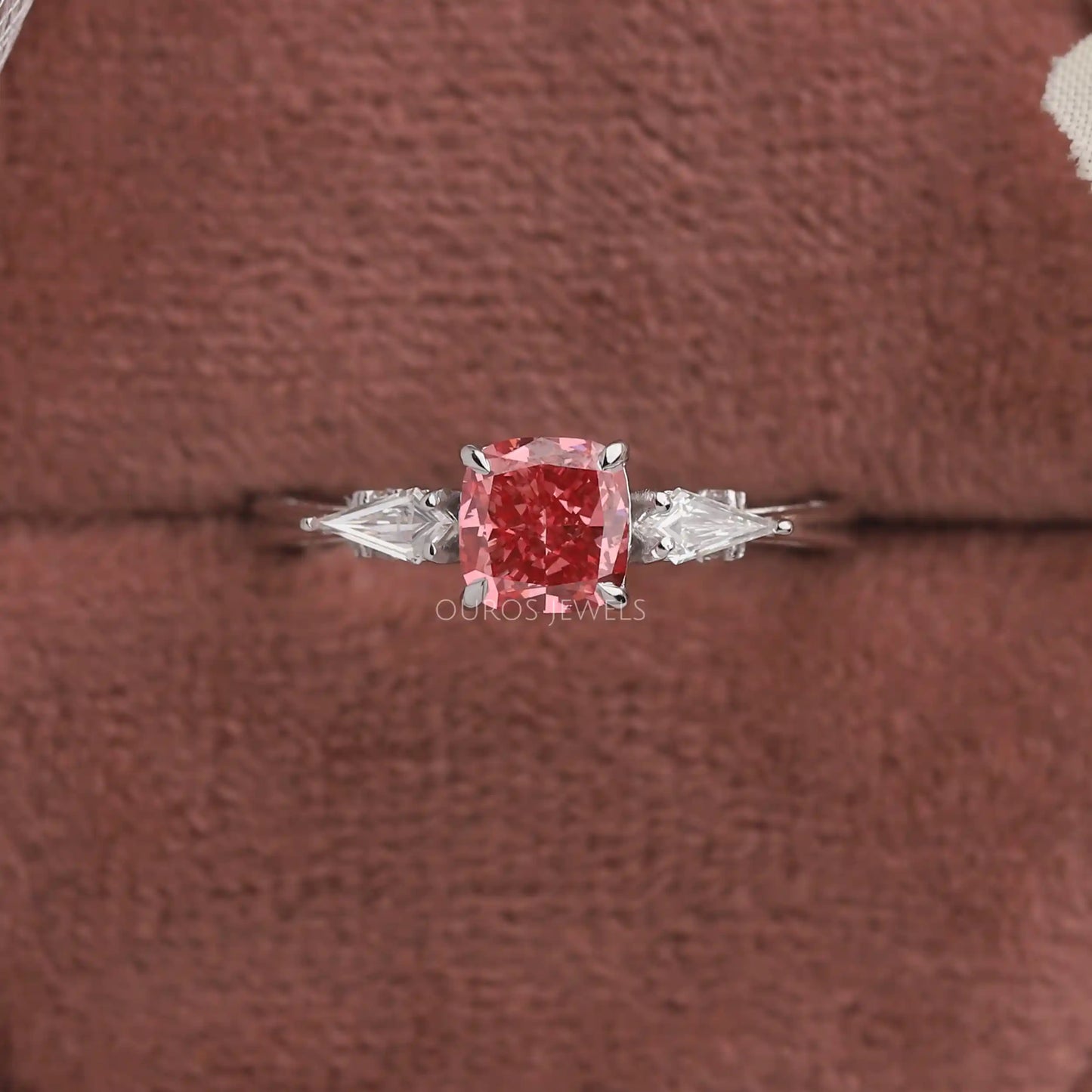 Pink Cushion Diamond Three Stone Ring