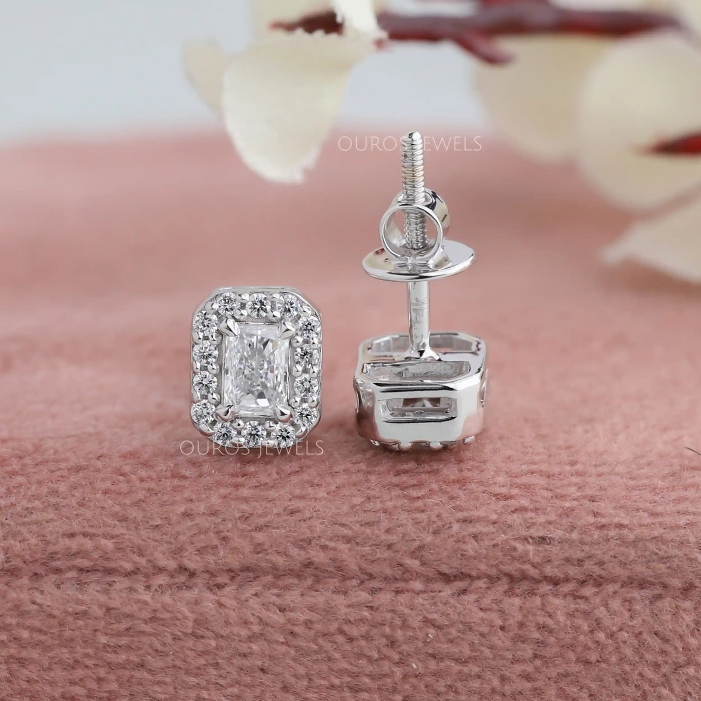 Radiant Cut Halo Stud Earrings