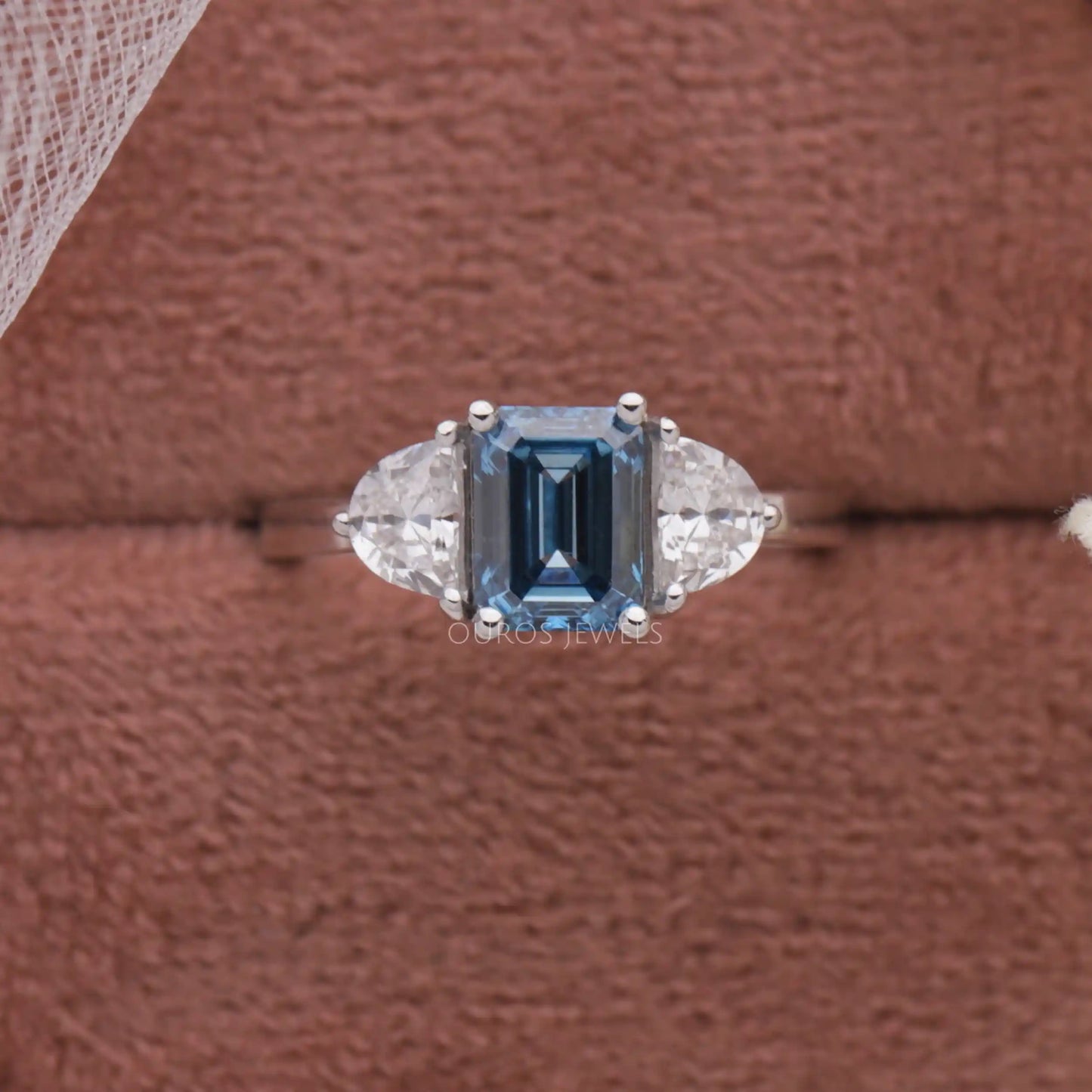 Blue Emerald Cut 3 Stone Ring