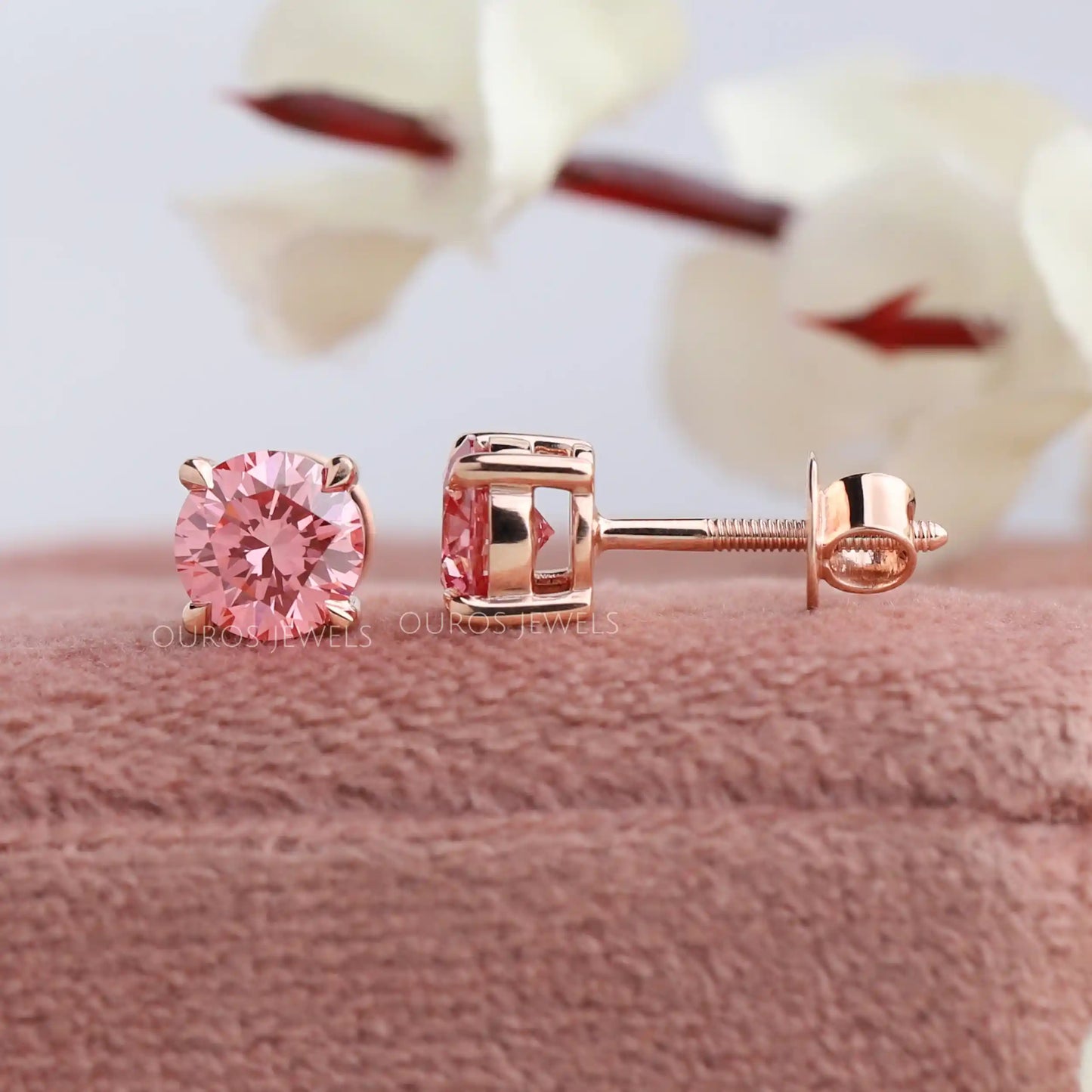 Fancy Pink Round Cut Stud Earrings