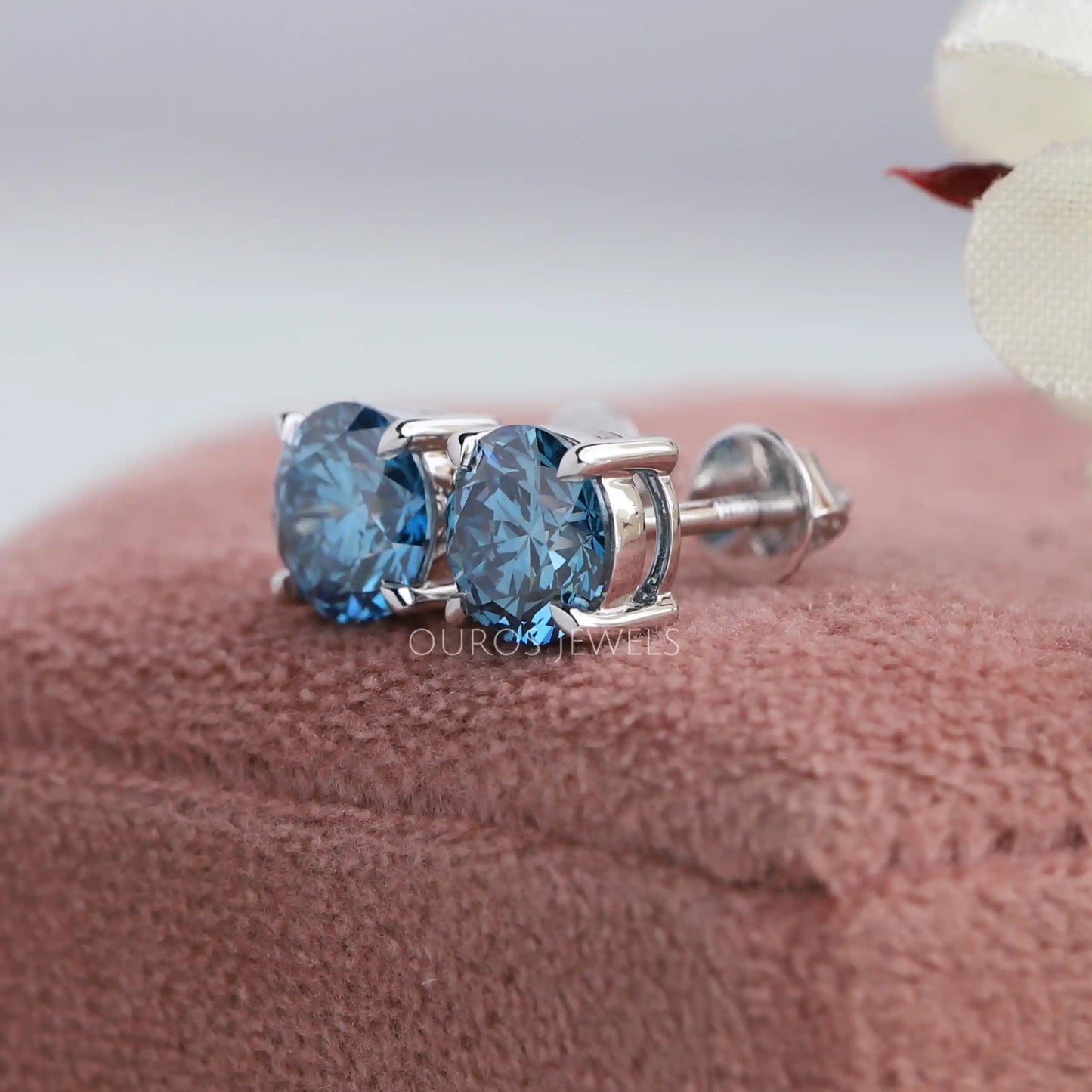 Fancy Blue Round Cut Stud Earrings