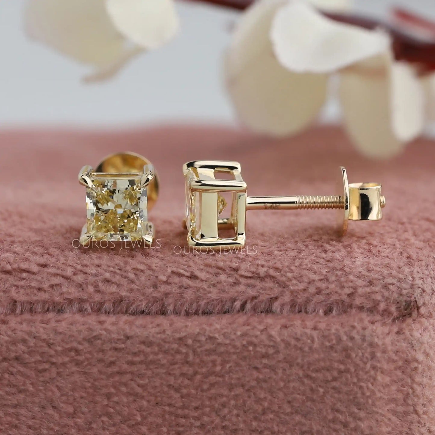 Yellow Princess Cut  Stud Earrings