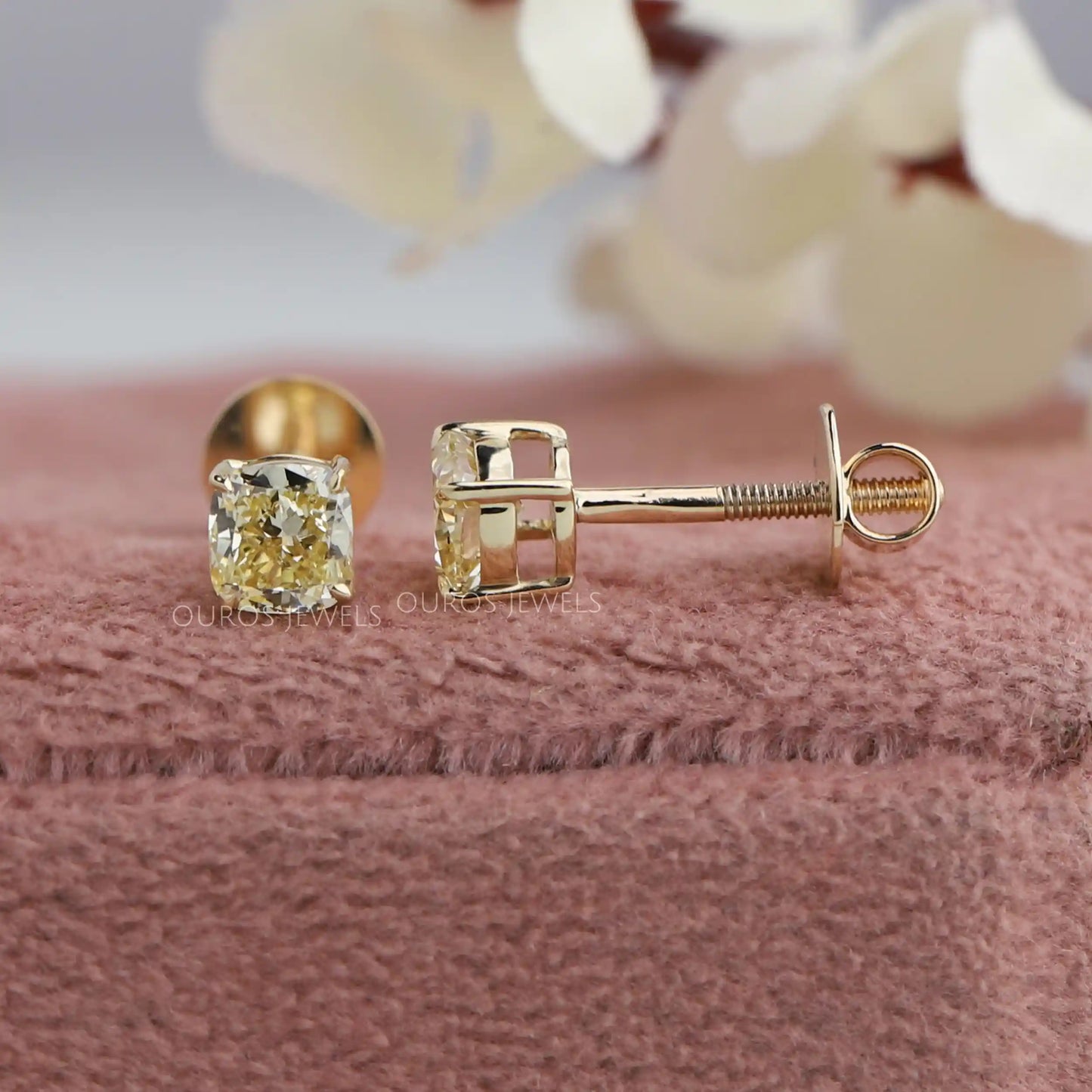 Yellow Cushion Cut   Lab Diamond Stud