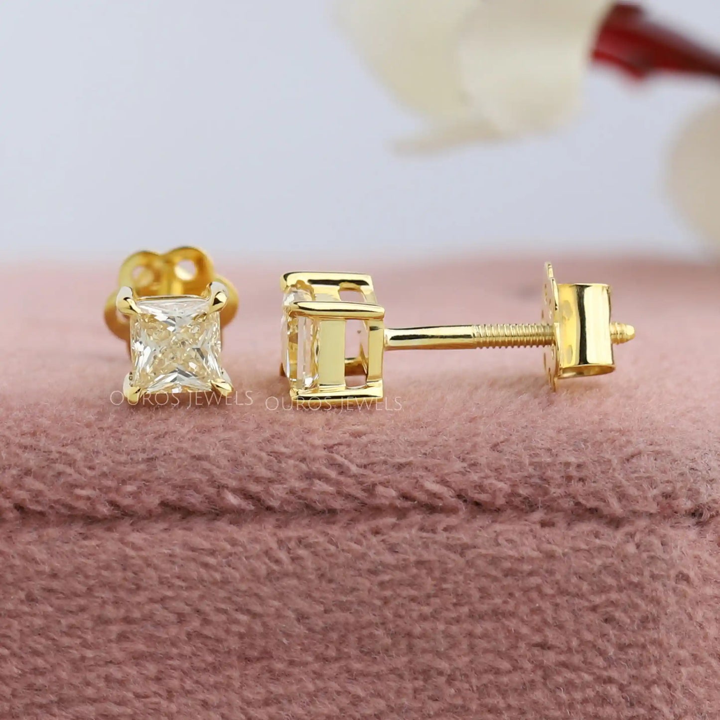 Yellow Princess Cut Lab Diamond Stud Earrings