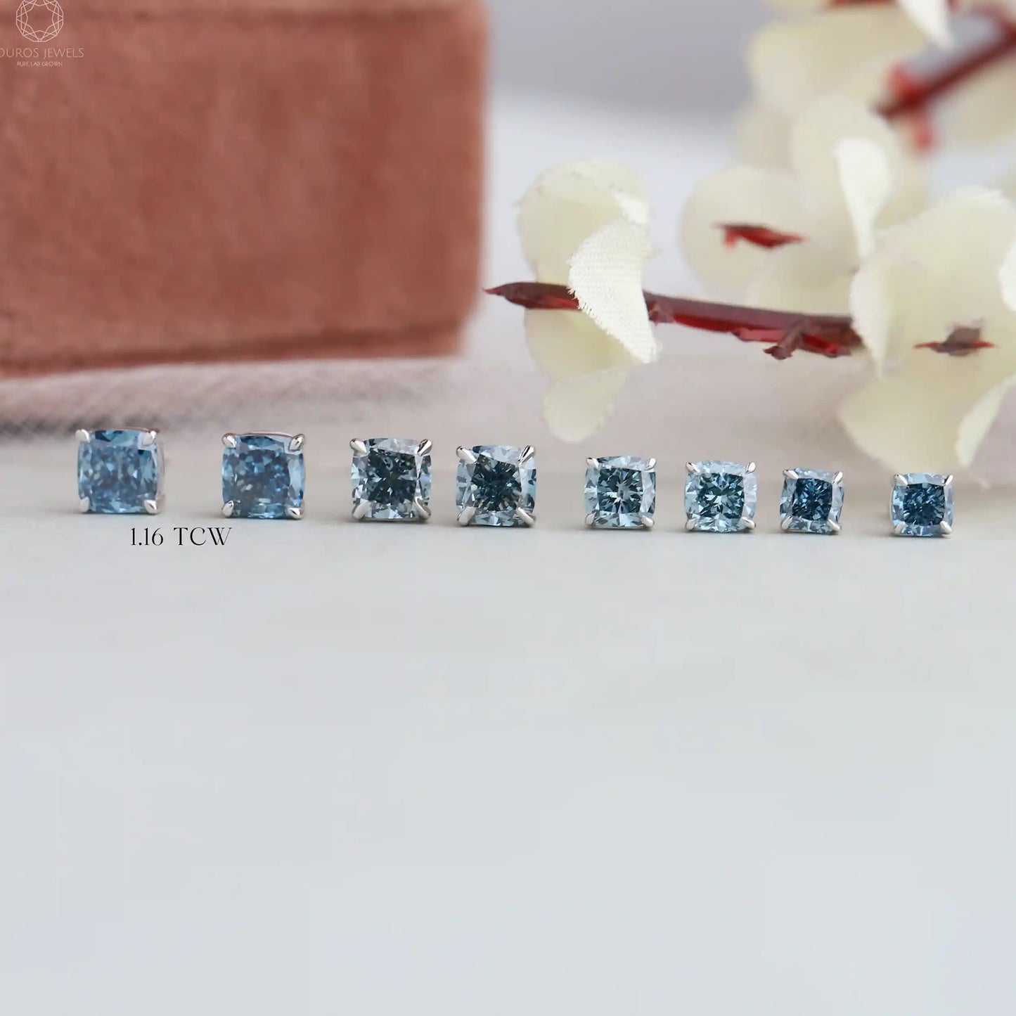 Blue Cushion Diamond Stud Earrings