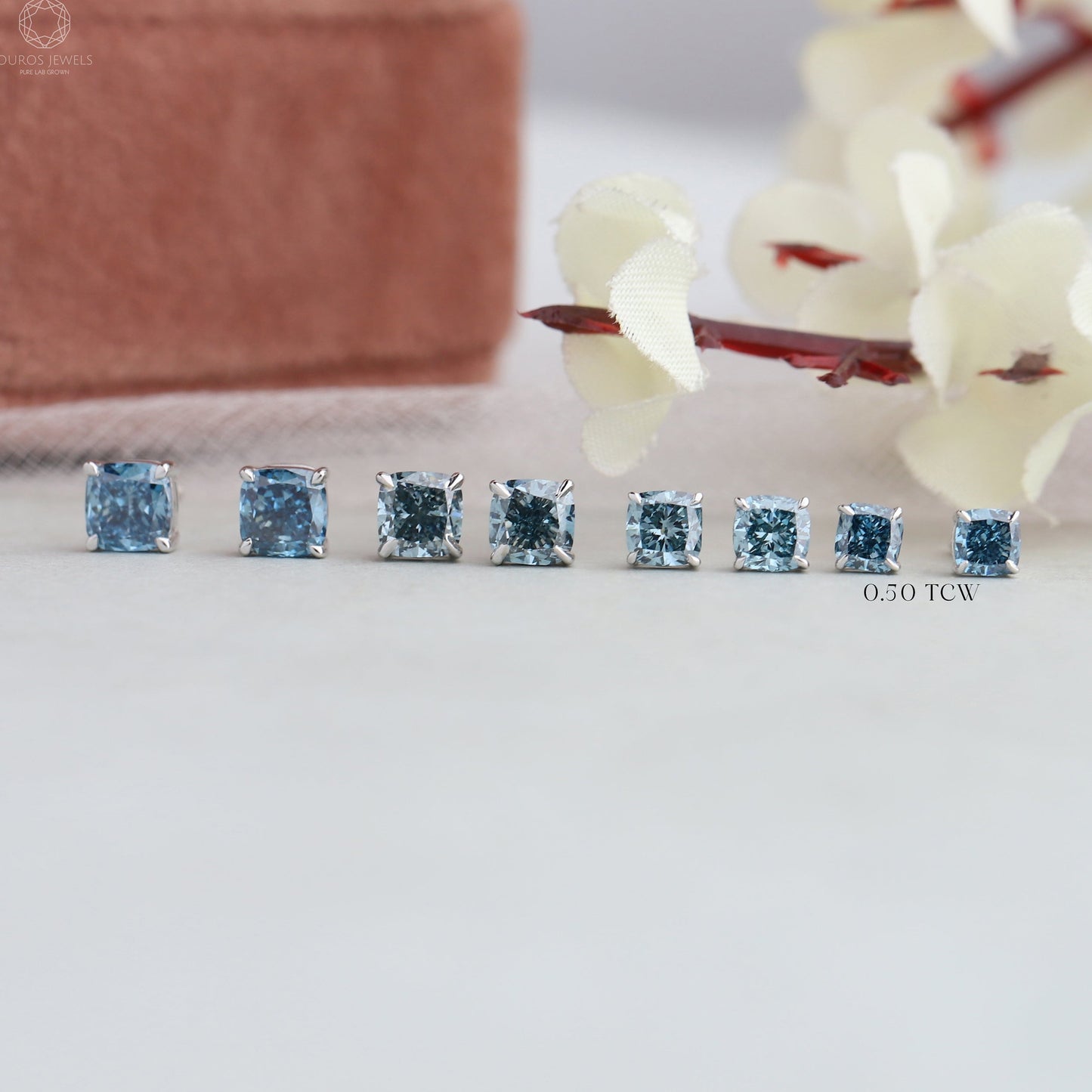 Blue Cushion Lab Diamond Stud Earrings