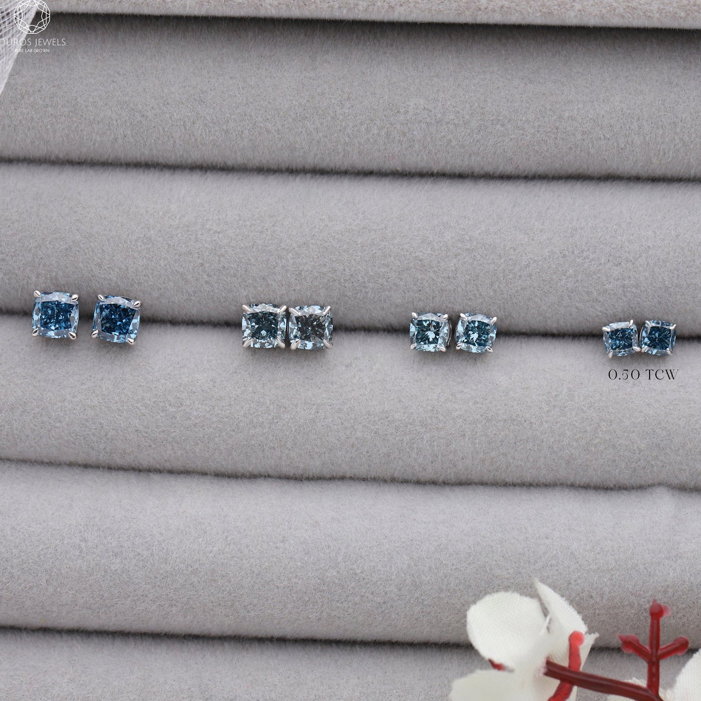 Blue Cushion Lab Diamond Stud Earrings