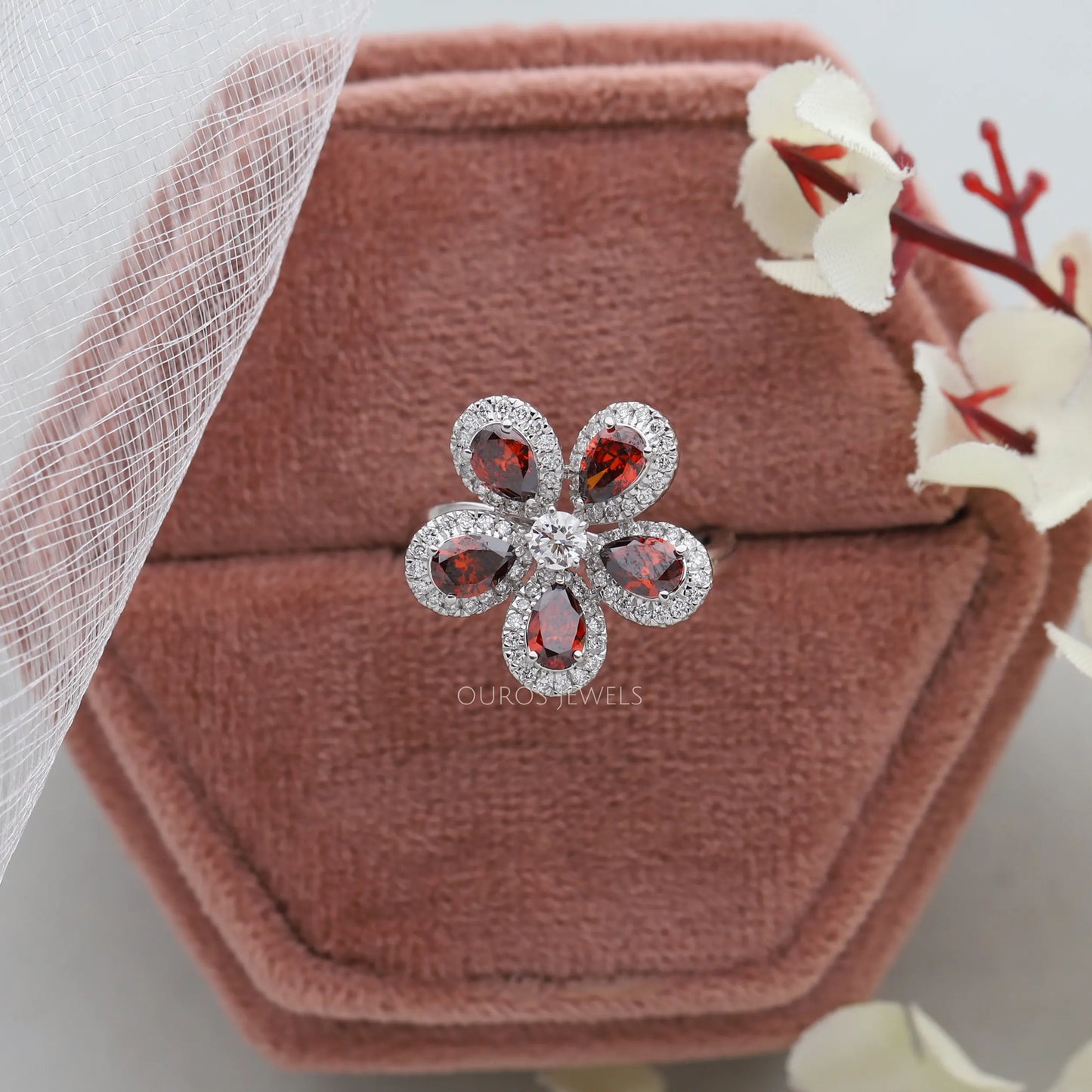 Floral Style Red Pear Diamond Halo Ring