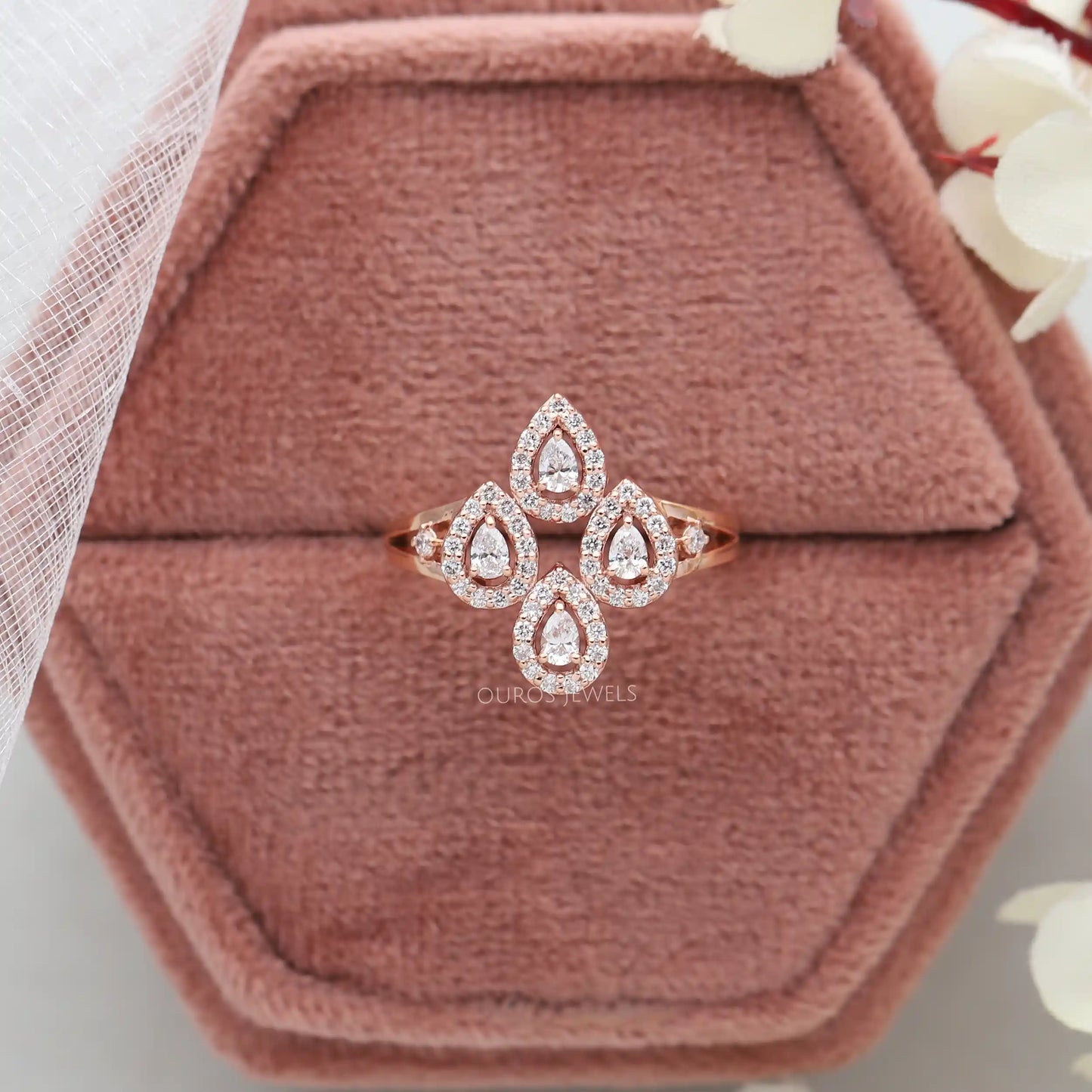Flower Style Pear Cut Halo Diamond Ring