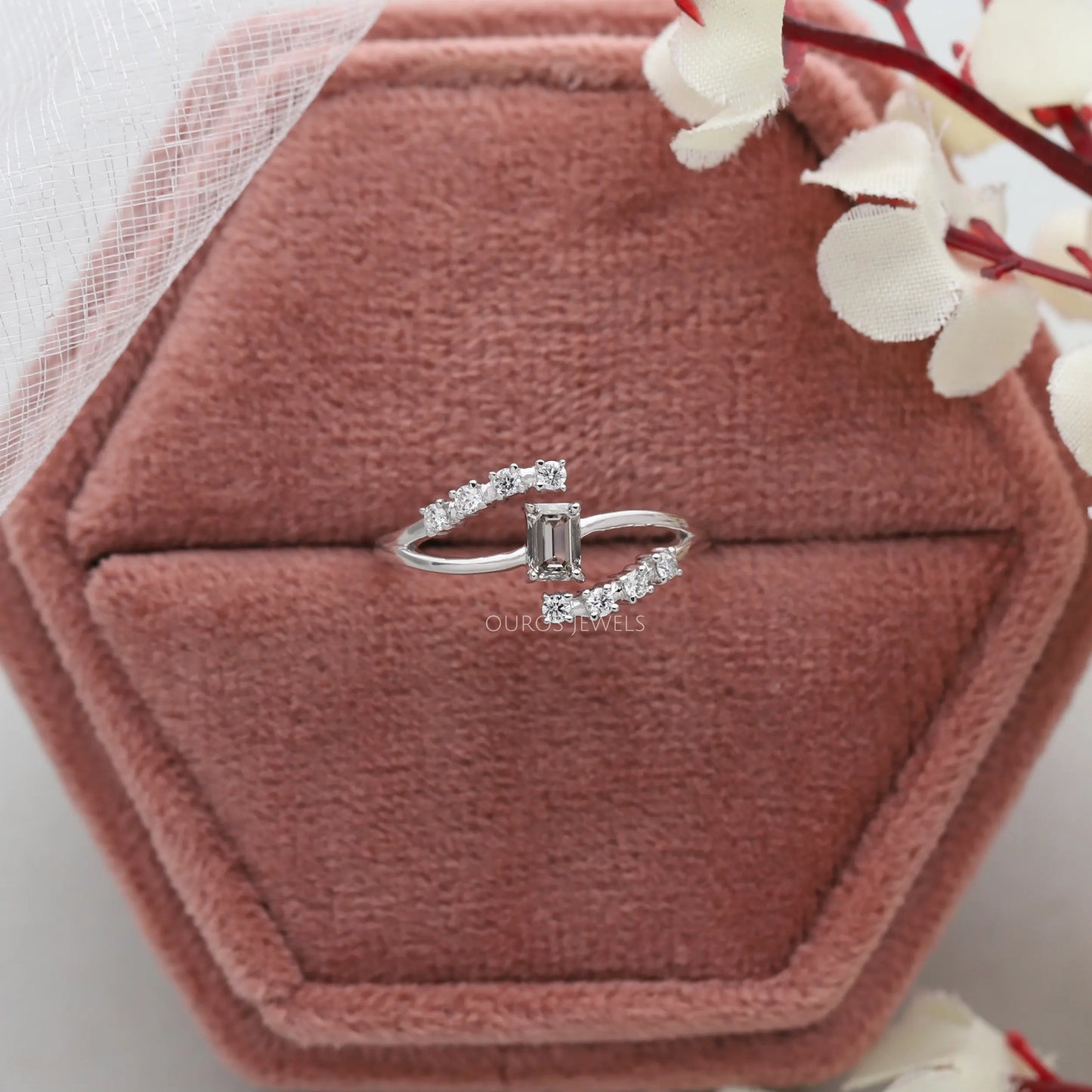 Olive Emerald Cut Bypass Set Diamond Ring