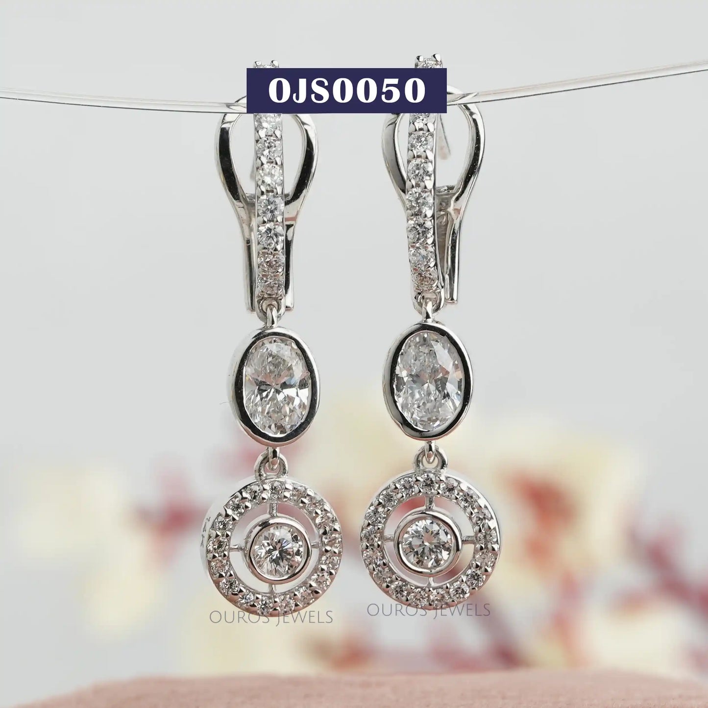 Bezel Set Oval Halo Dangle Drop Earring