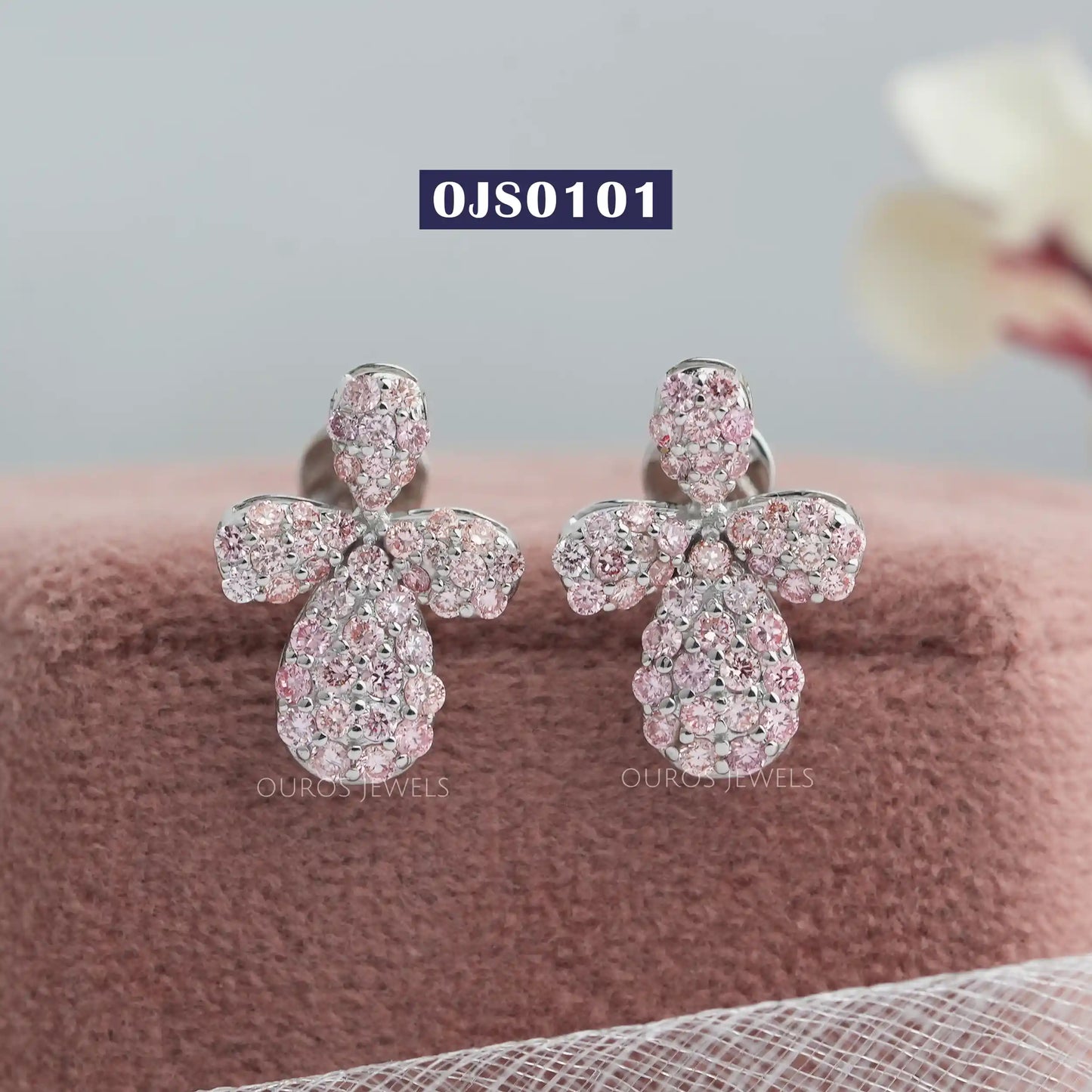 Pink Round Cut Cluster Diamond Earrings