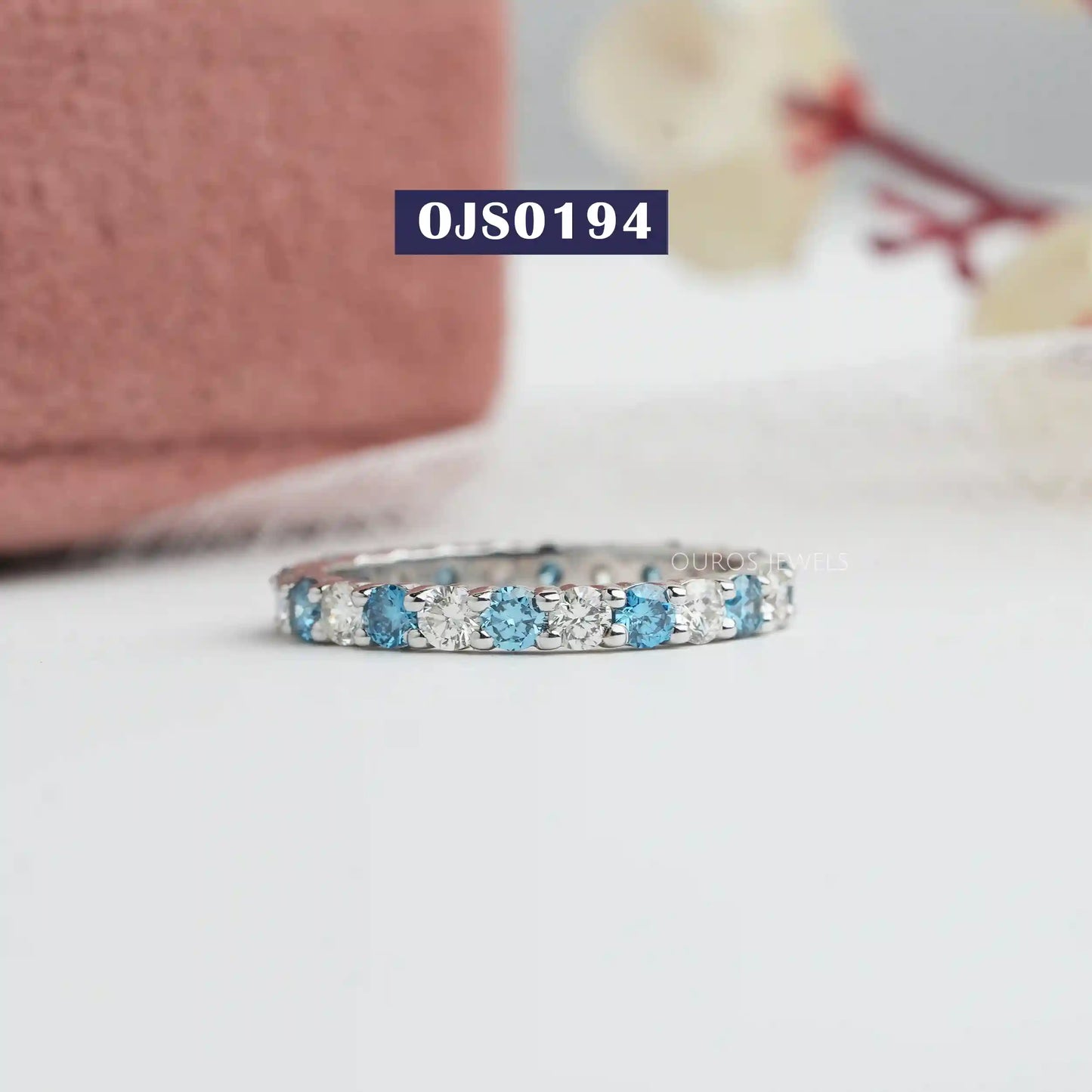 Blue Round Cut Eternity Wedding Band