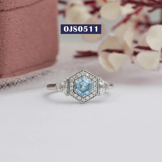 Blue Color Hexagon Cut Diamond Ring