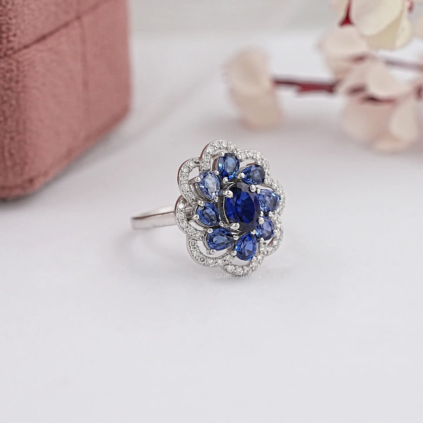 Oval Cut Blue Lab Gemstone Halo Diamond Ring