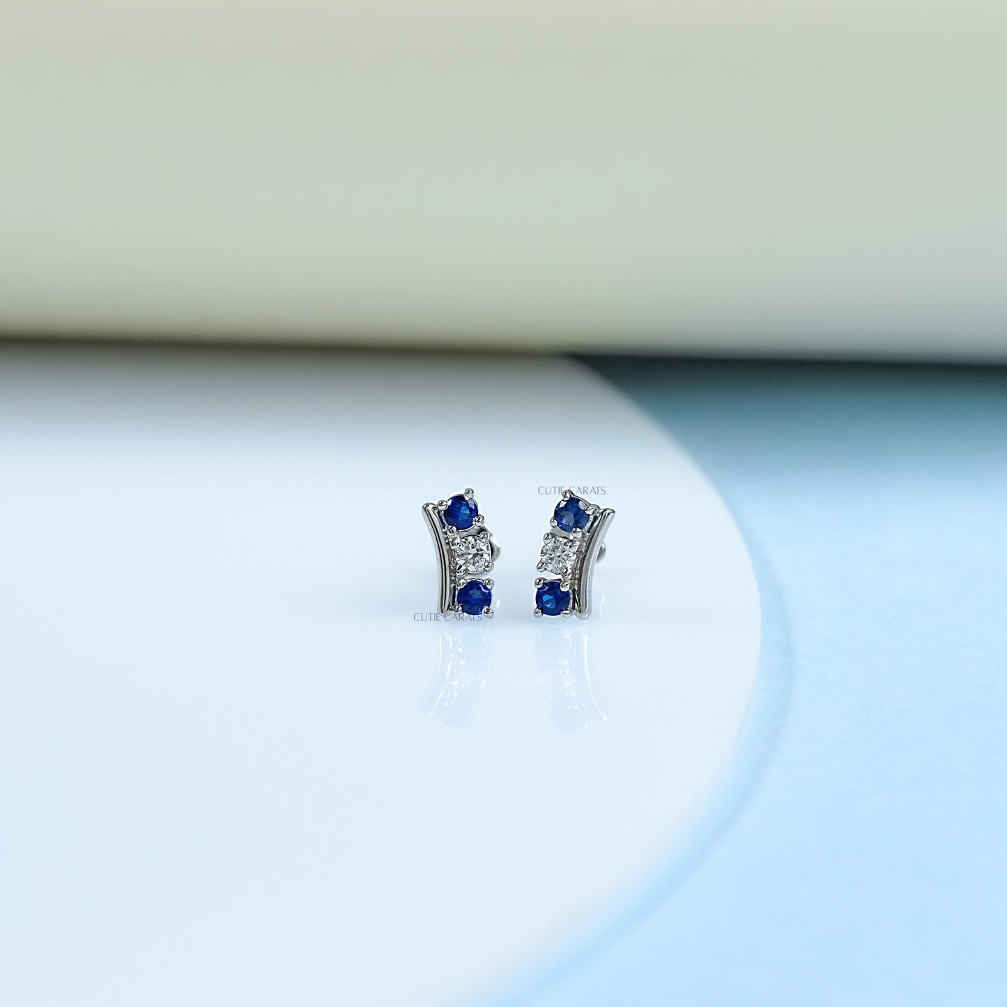 Sapphire And Diamond Round Cut Bar Stud
