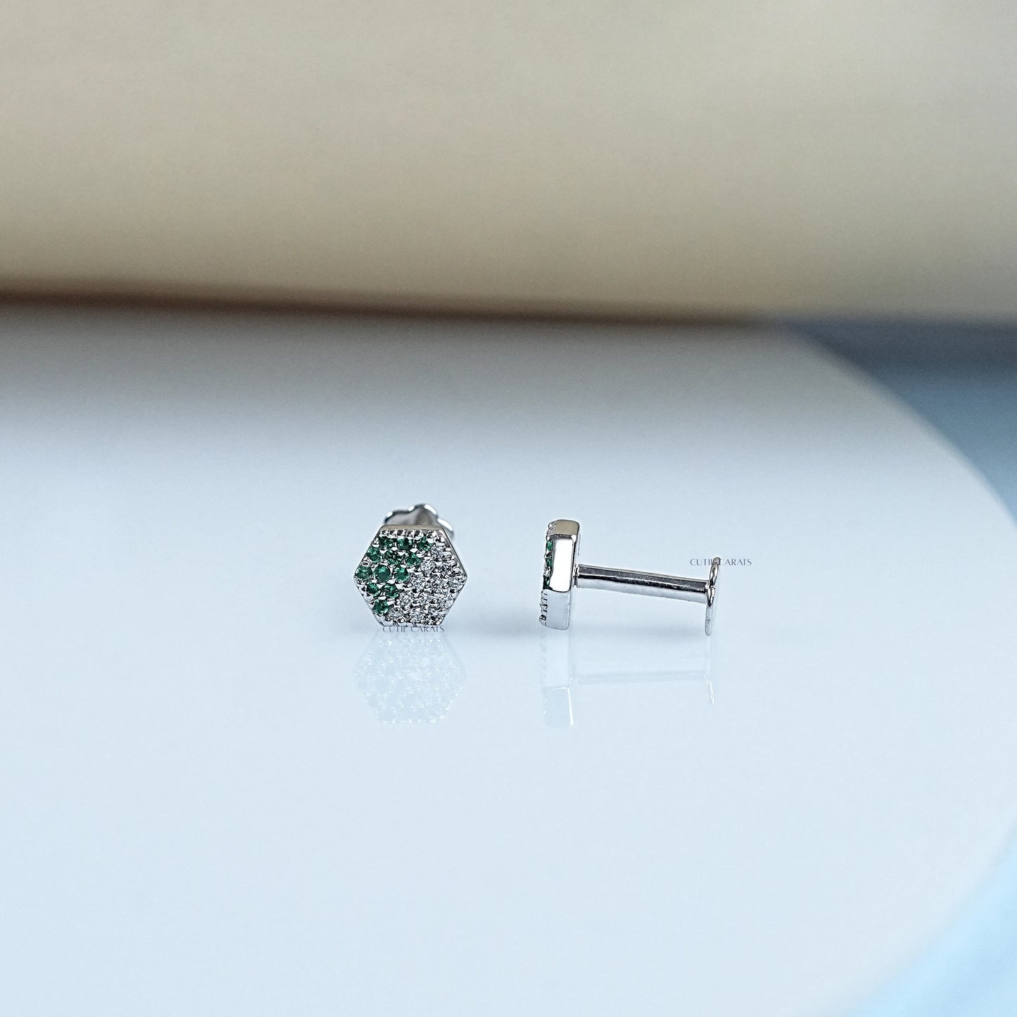 Diamond And Gemstone Pave Set Hexagon Baby Stud