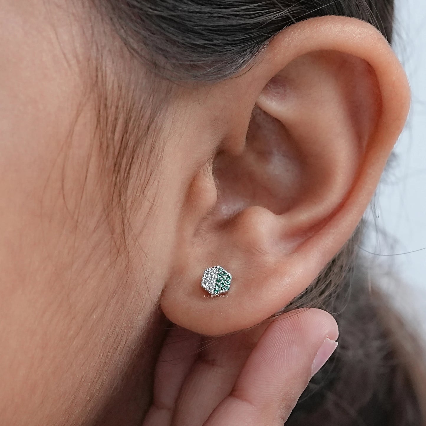 Diamond And Gemstone Pave Set Hexagon Baby Stud