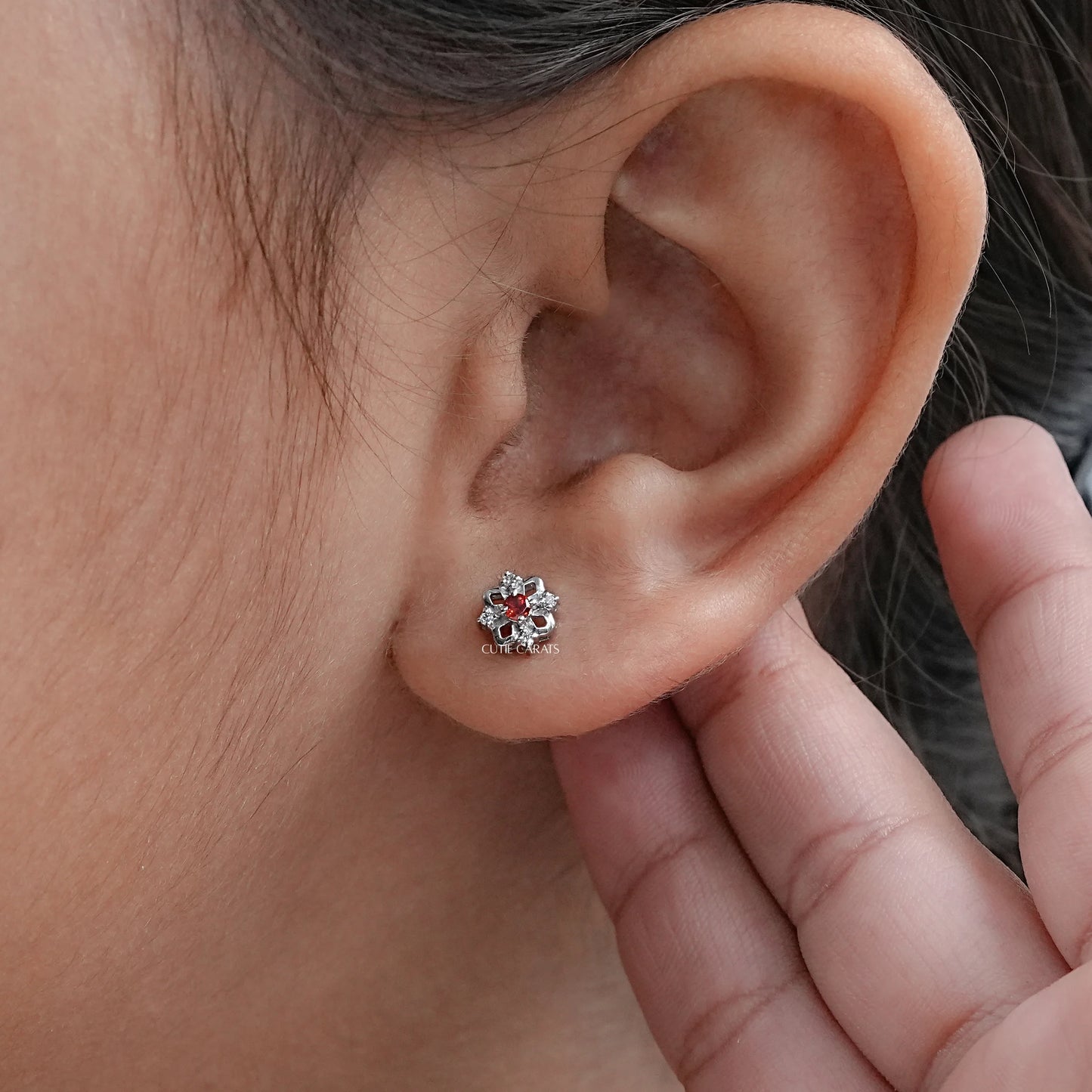 Ruby And Diamond Cluster Earrings For Kids
