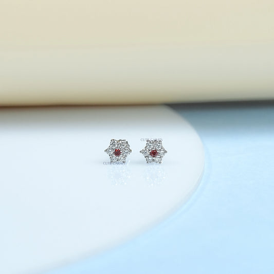 Round Cut Ruby Floral Shape Stud Earrings