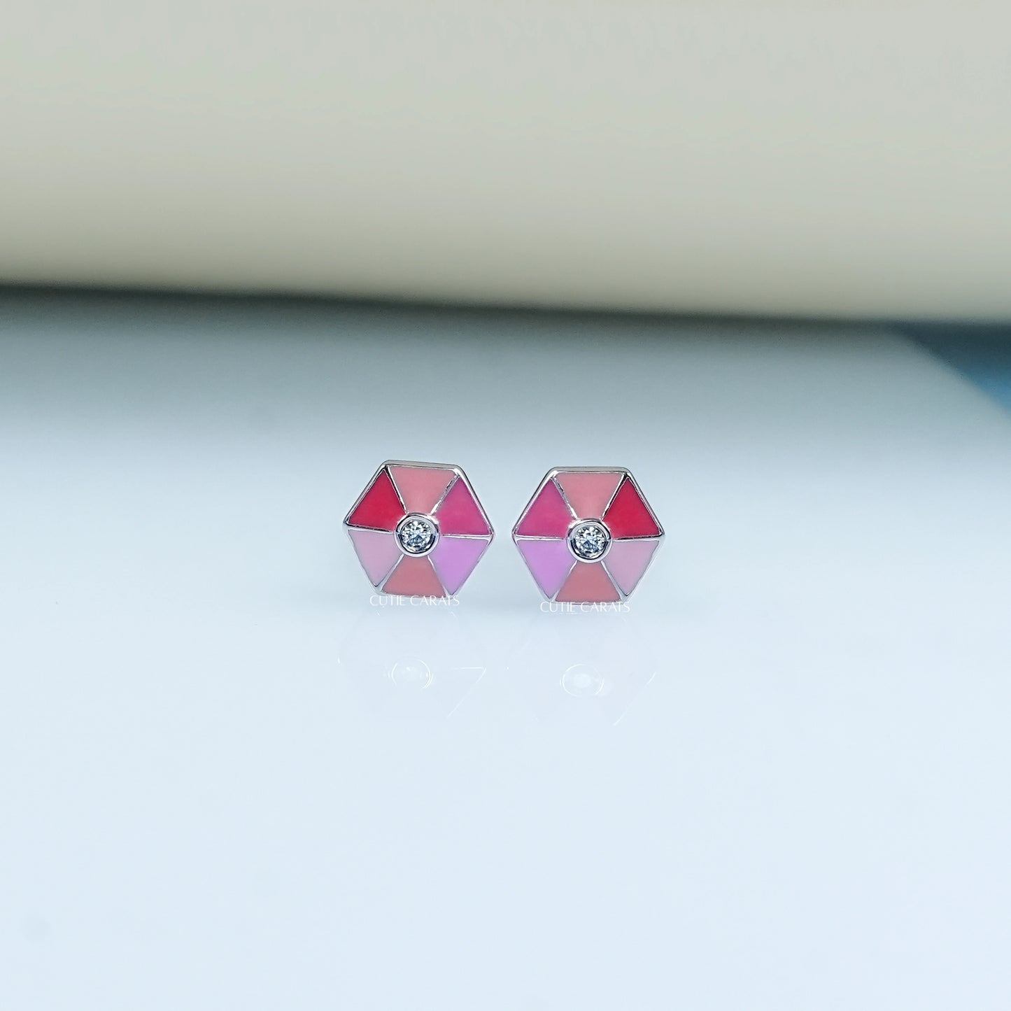 Pink Enamel Hexagon Shape Earrings