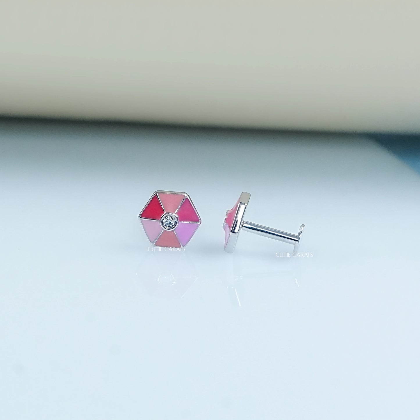 Pink Enamel Hexagon Shape Earrings