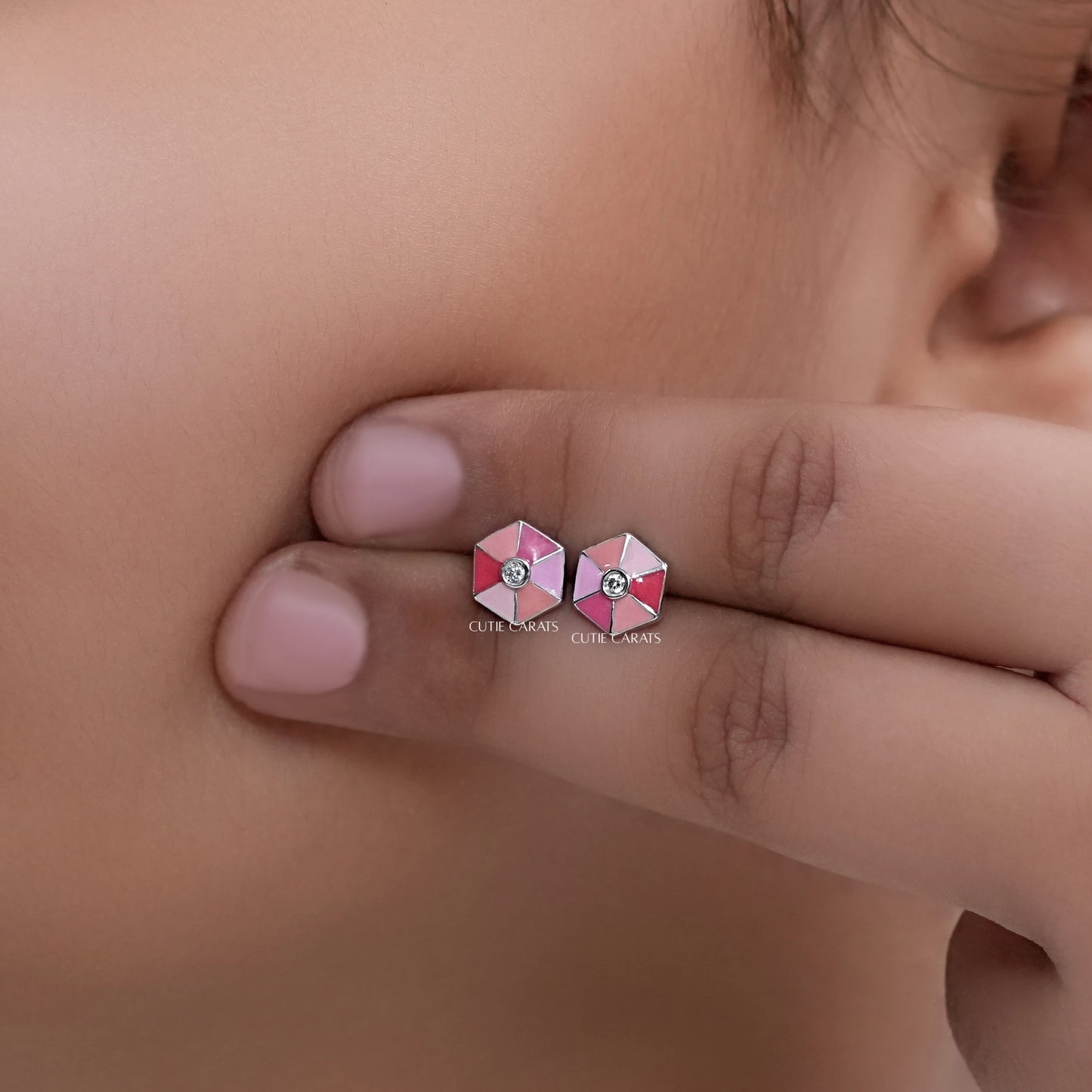 Pink Enamel Hexagon Shape Earrings