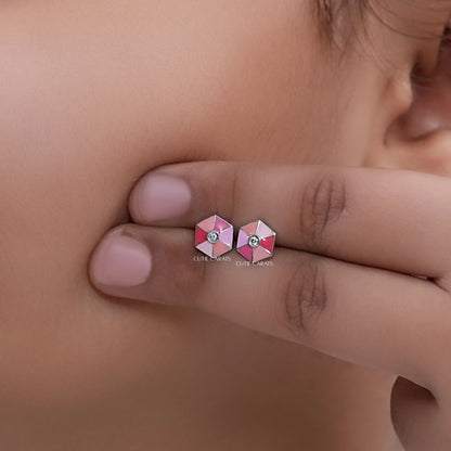 Pink Enamel Hexagon Shape Earrings