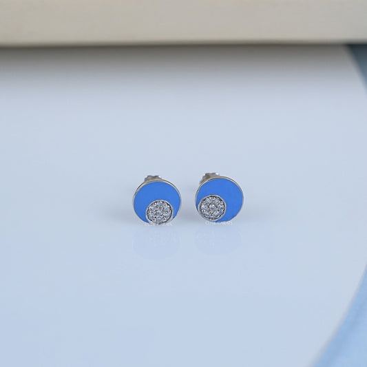 Sky Blue Enamel Round Diamond Pave Set Kids Stud Earrings