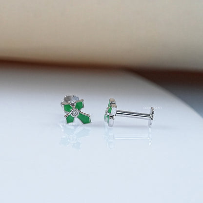 Cross Green Enamel Stud Earrings