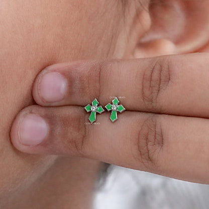 Cross Green Enamel Stud Earrings