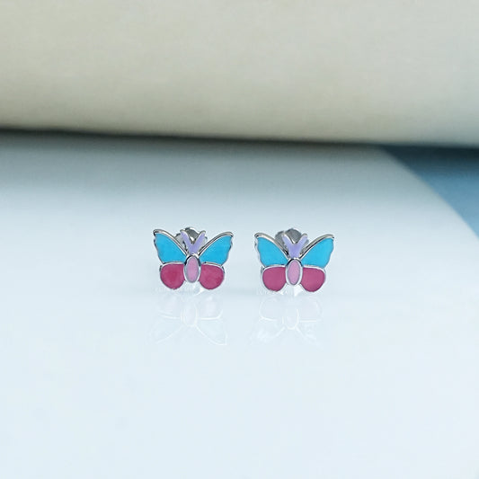 Pink And Blue Enamel Butterfly Kids Stud