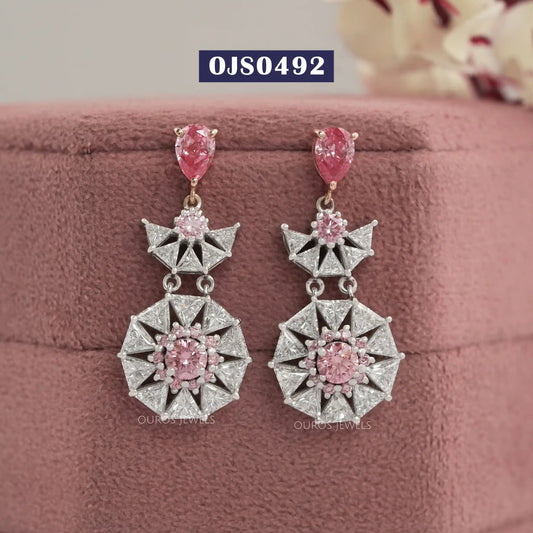 Pink Pear And Triangle Cut Lab Diamond Chandelier Earrings