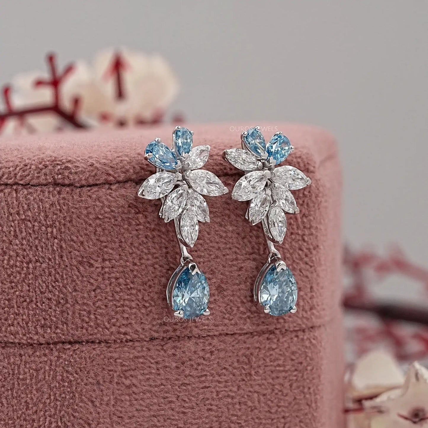 Blue Pear Cut Lab Diamond Drop Dangle Earring