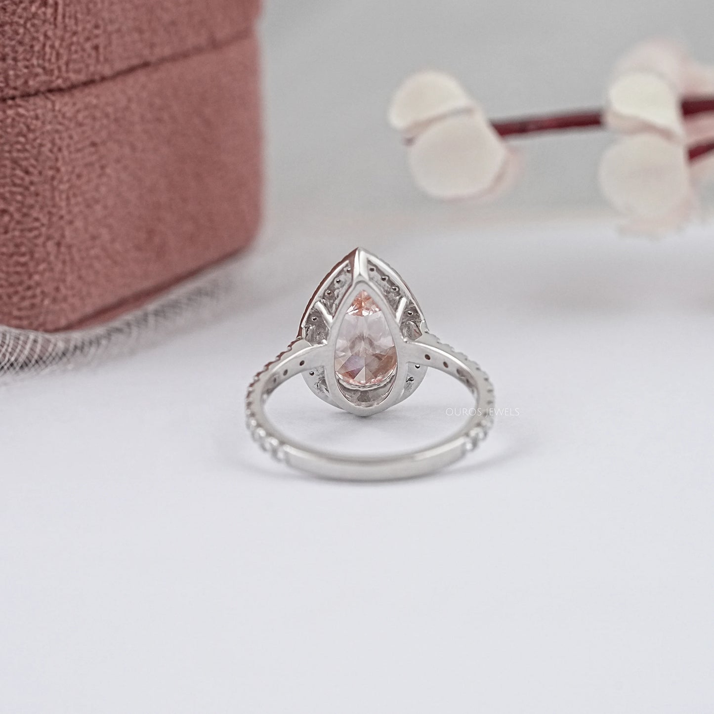 Pink Pear Cut Halo With Accent Lab Diamond Ring