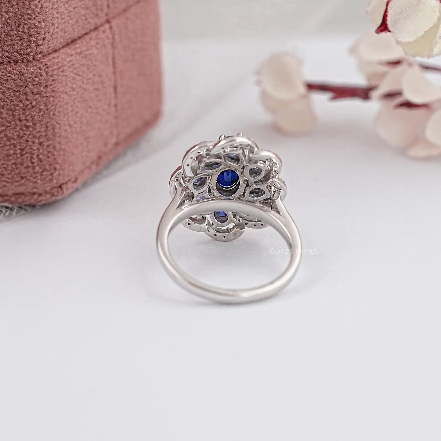 Oval Cut Blue Lab Gemstone Halo Diamond Ring