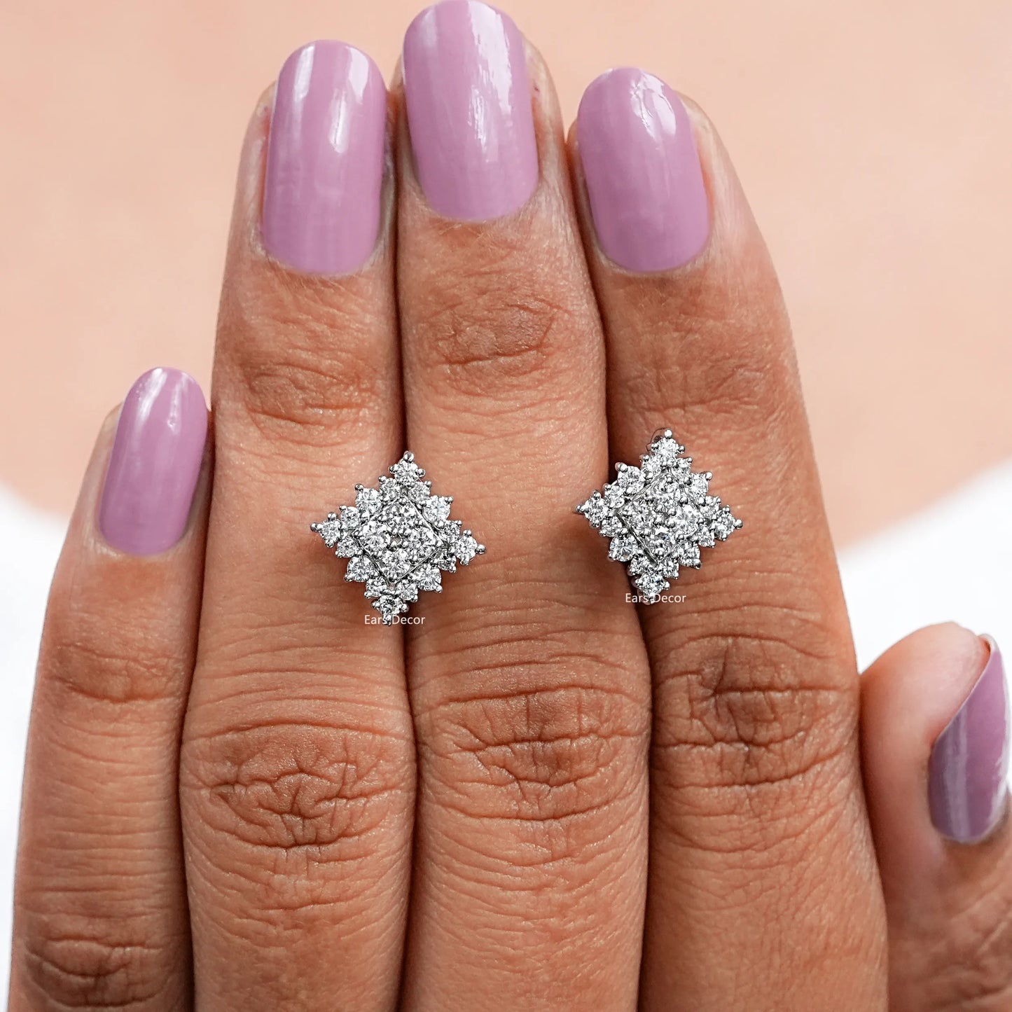 Square Shape Round Cut Halo Stud