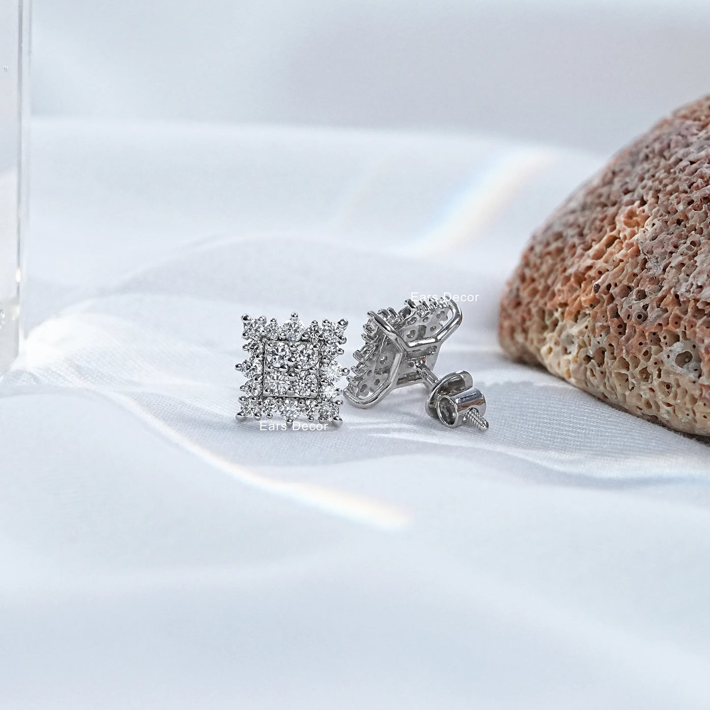 Square Shape Round Cut Halo Stud