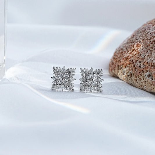 Square Shape Round Cut Halo Stud