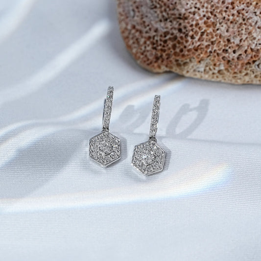 Hexagon Shape Round Diamond Drop Earrings