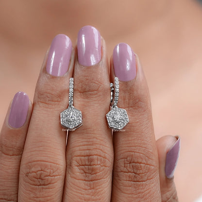 Hexagon Shape Round Diamond Drop Earrings