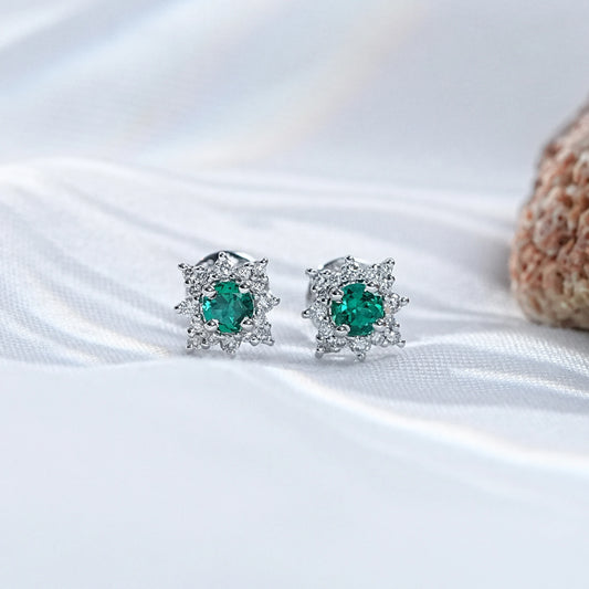Emerald Gemstone And Diamond Stud Earrings