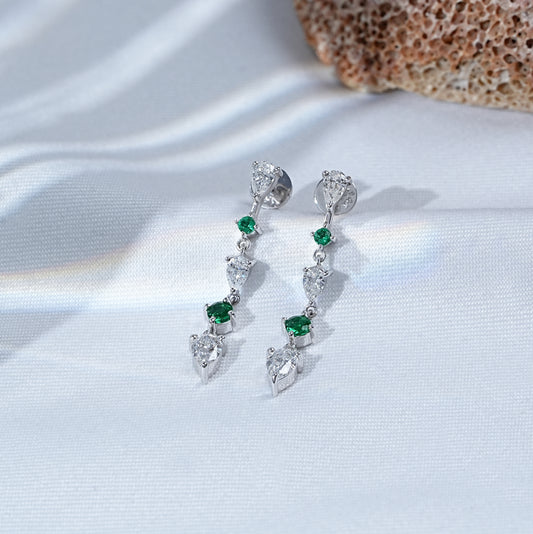 Round Diamond and Pear Green Gemstone Drop And Dangle Earrings