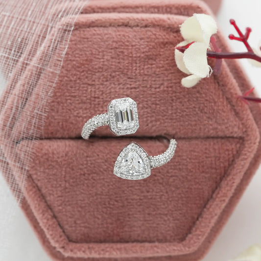 Trillion And Emerald Cut Halo Open Cuff Engagement Ring