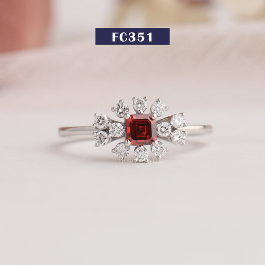 Red Ascher Cut Lab Diamond Halo Ring