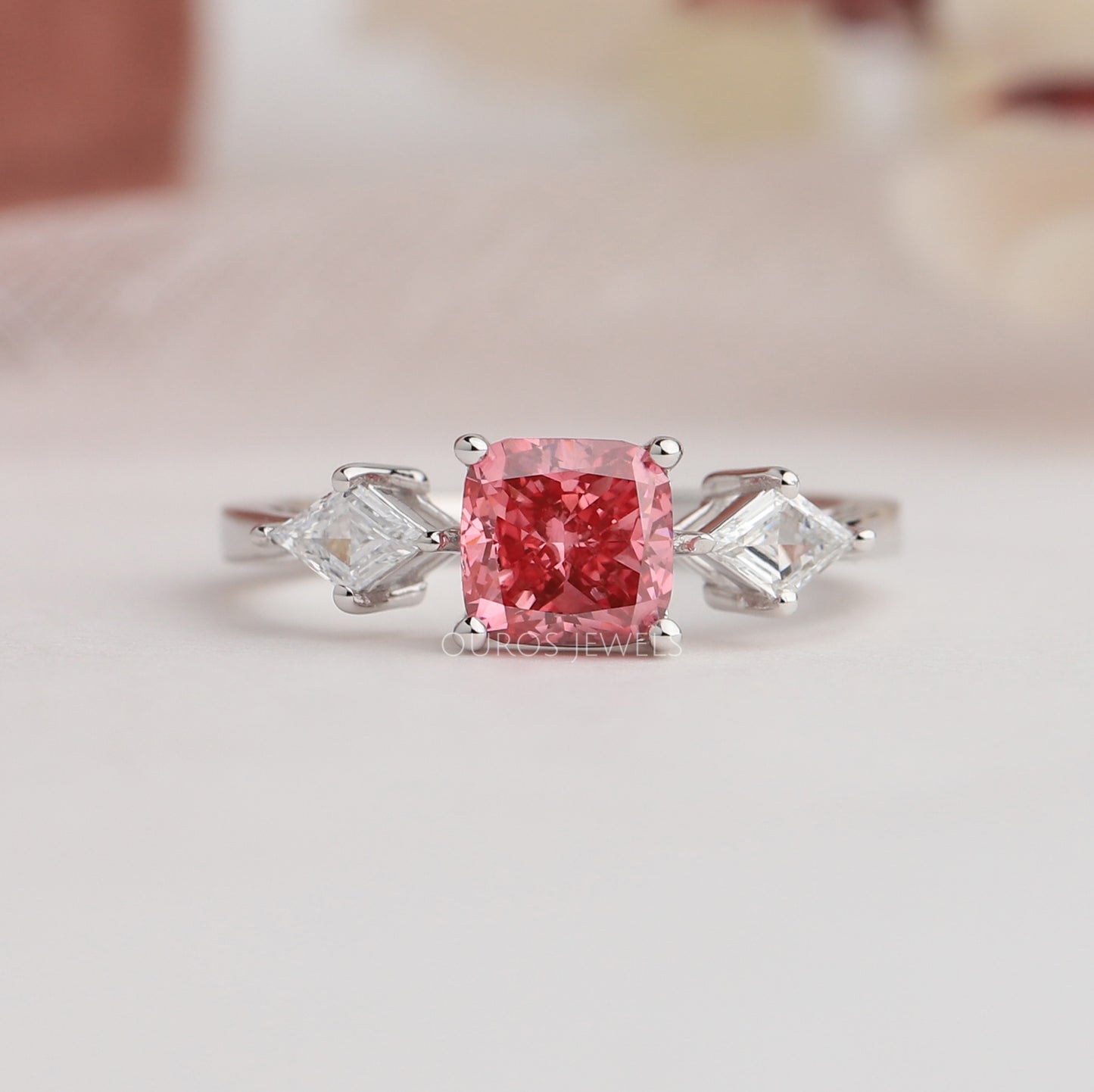 Cushion Cut Lab Diamond  Three  Stone Ring